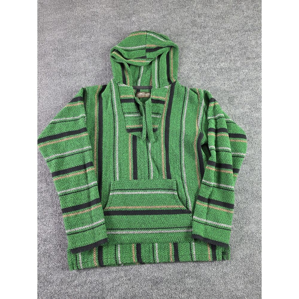 Mexican Baja Woven Hoodie Mens Medium Pullover Striped Pocket Retrofit Green Rug